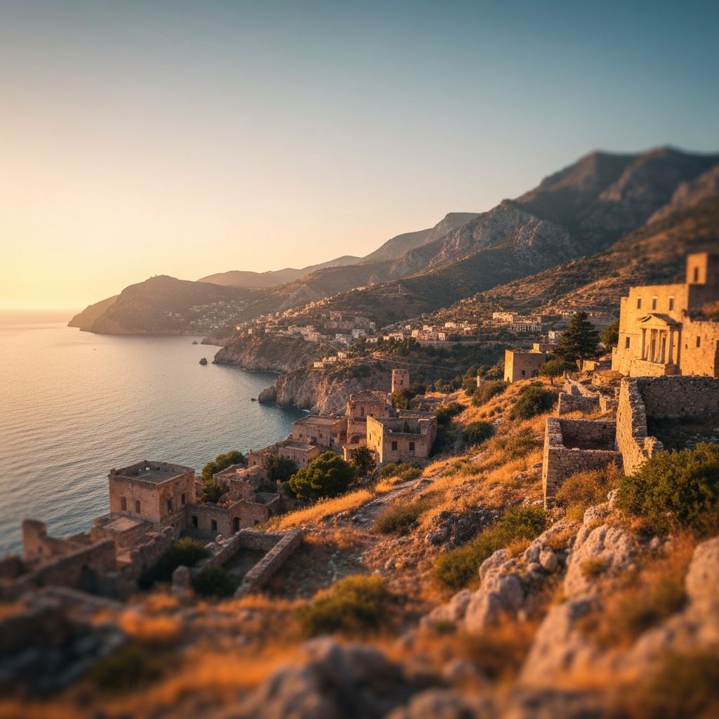 Mediterranean coastal landscape at sunset with ancient trade route